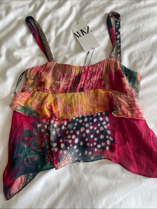 Zara Tops - Boho Floral Ruffle Cami Top - Multicolor, Beaded Gold Straps